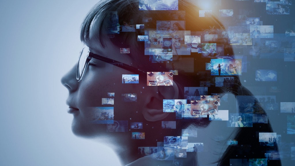 Teenage girl side headshot with AI technology in background