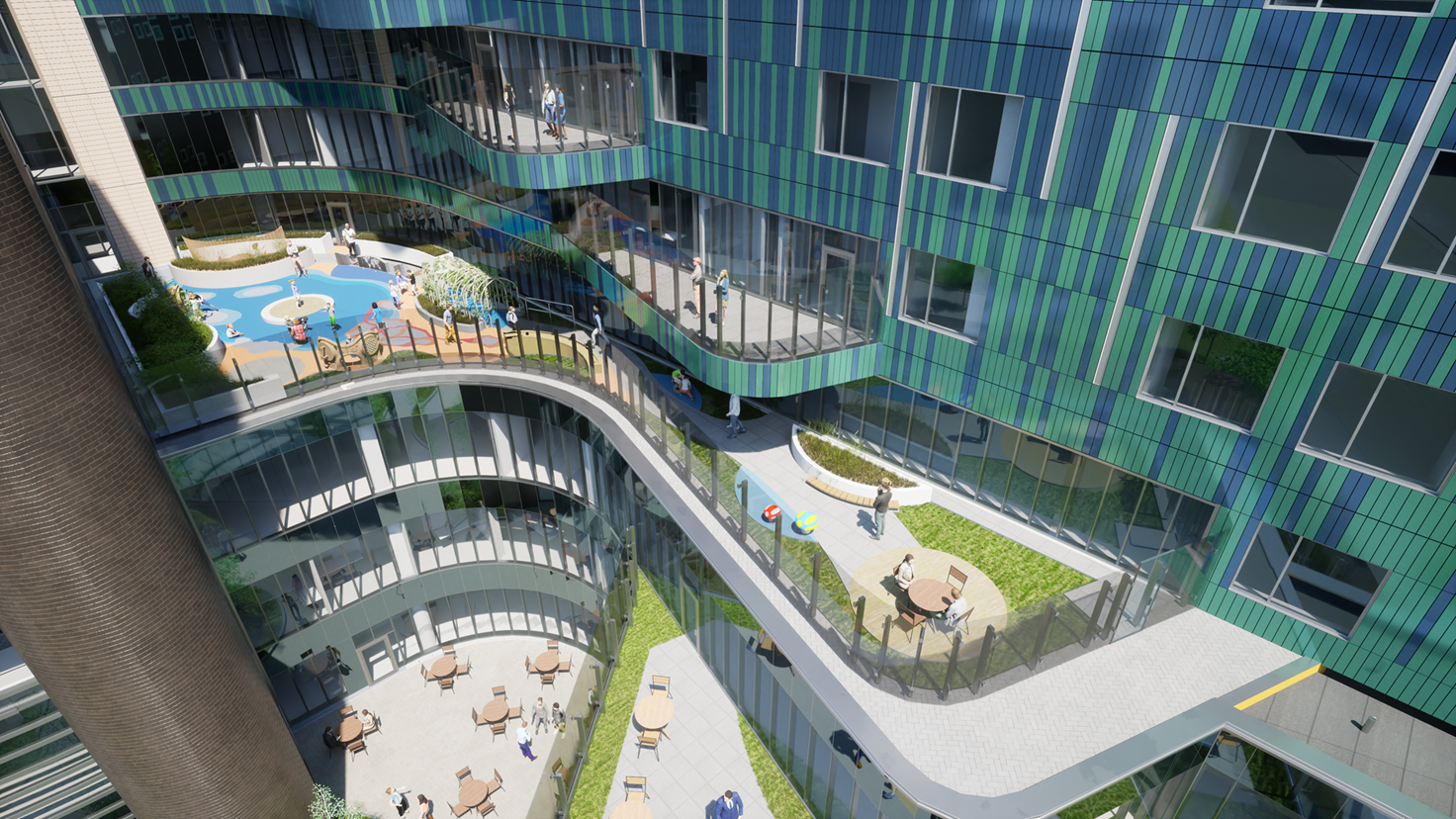 Rendering of outdoor garden terrace, Connecticut Children's new tower coming 2025