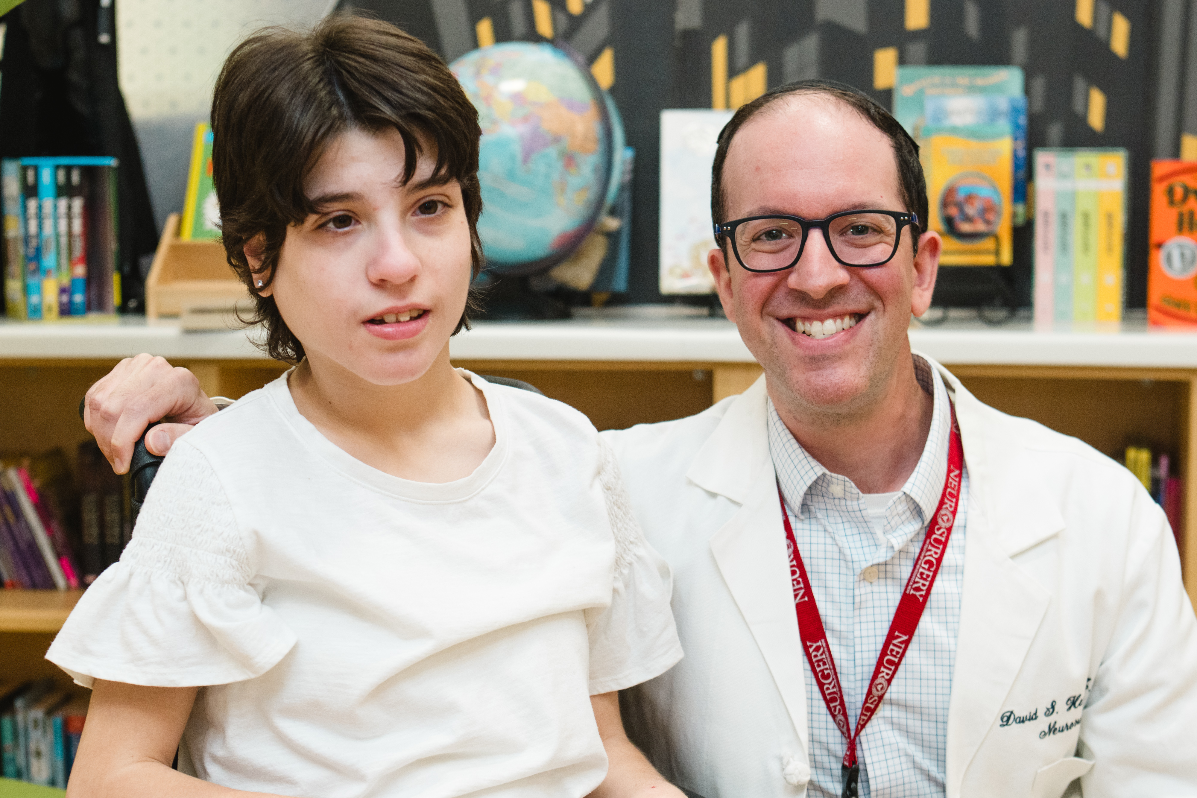 Deep brain stimulation patient with her neurosurgeon Dr. Hersh in the Family Resource Center