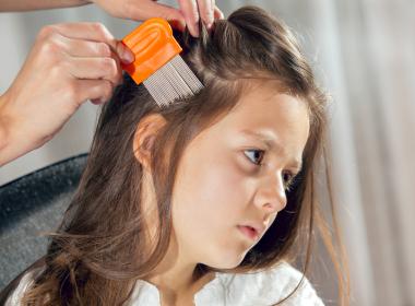 School-aged girl getting hair combed for head lice check