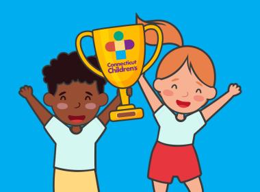 Cartoon of children cheering with a trophy