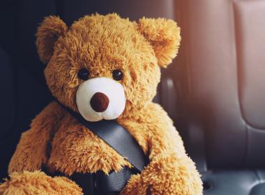Stuffed teddy bear sitting in car with seatbelt. Prevent child tragedies. Look before you lock.