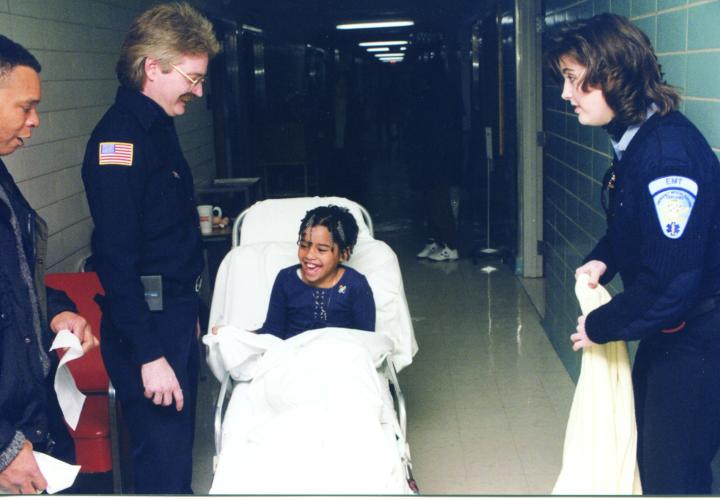 EMTs transport one of the first patients to Connecticut Children’s after we opened our doors on April 2, 1996