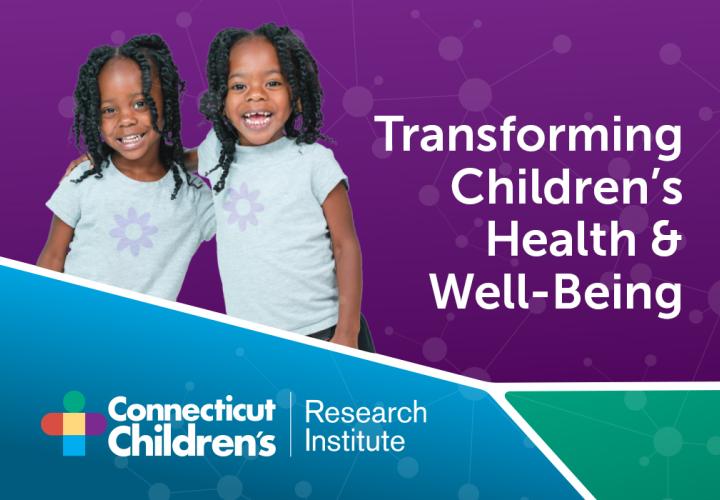 image of twin girls, research institute logo and copy that says transforming childrens health and well being