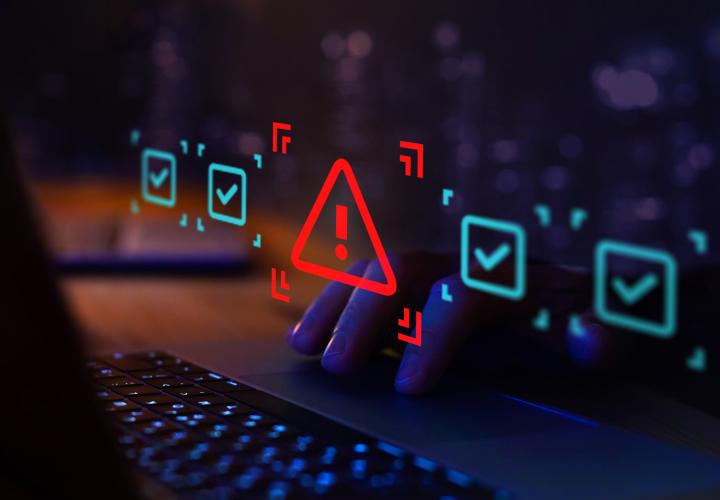 Laptop keyboard closeup with lit-up warning signs. Don't blow up Chromebooks at home