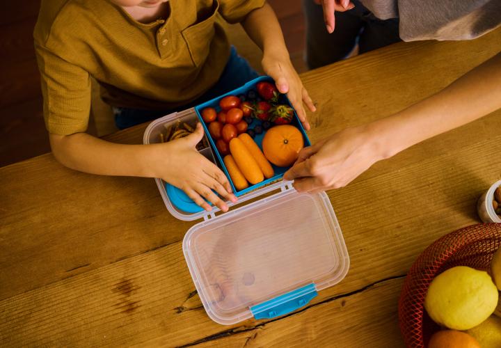 Child with healthy foods in lunch box