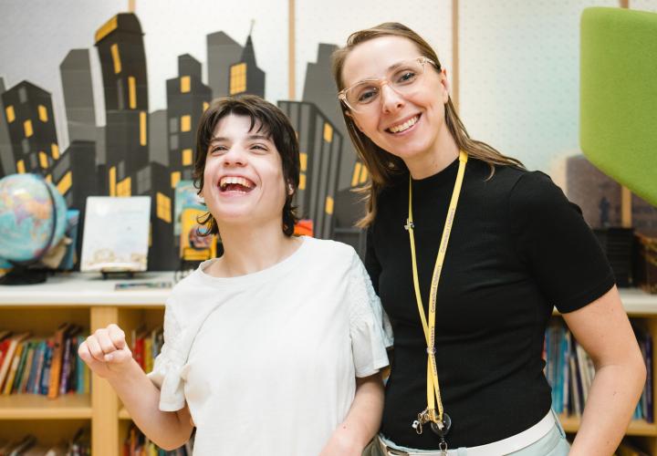 Deep brain stimulation patient with her neurologist Dr. Worten in the Family Resource Center