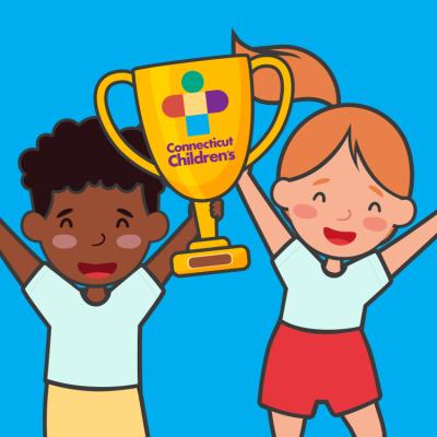 Cartoon of children cheering with a trophy