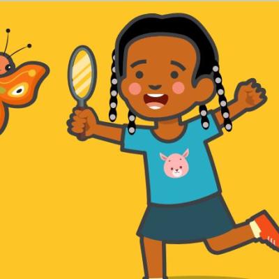 drawing of a young girl with a magnofying glass chasing a butterfly