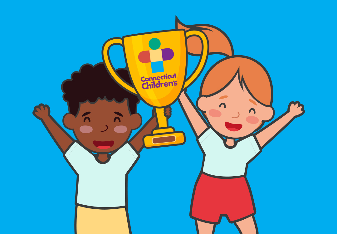Cartoon of children cheering with a trophy