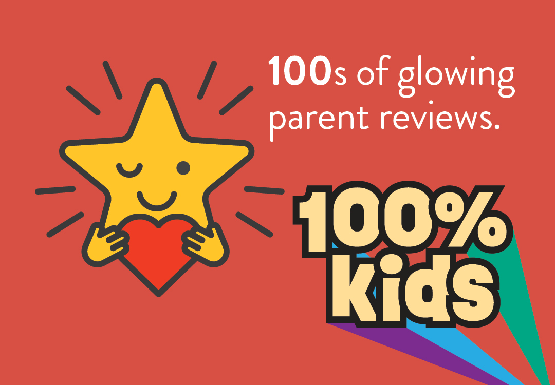 graphic that has a star and says 100s of glowing parent reviews. with the logo that states 100% kids